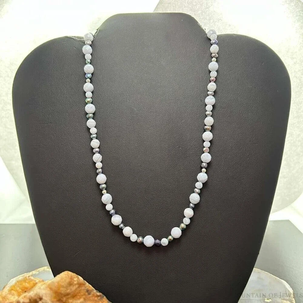 Carolyn Pollack Sterling Blue Lace Agate &Eggplant Pearl Bead Necklace For Women